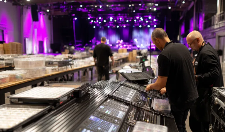 Two sound technicians adjust a large mixing console backstage before a concert, with purple stage lights in the background.