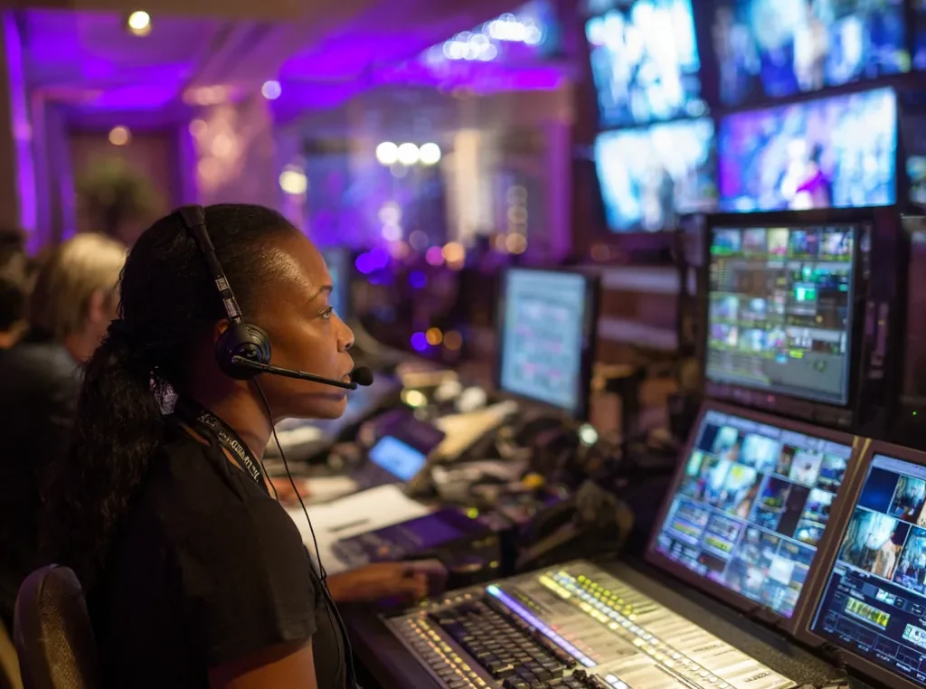 Broadcast control room operator wearing a headset, seated at a mixing console with multiple screens displaying video feeds
