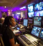 Broadcast control room operator wearing a headset, seated at a mixing console with multiple screens displaying video feeds