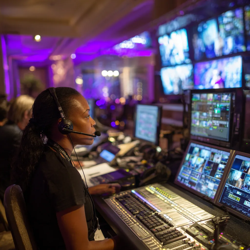 gigigalaxy_professional_audio_visual_control_booth_at_upscalwebp - sAgency.ai Broadcast control room operator wearing a headset, seated at a mixing console with multiple screens displaying video feeds