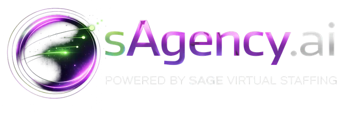 Logo for isAgency.ai featuring a purple orbit emblem and gradient 'isAgency.ai' text with the tagline 'Powered by Sage Virtual Staffing'